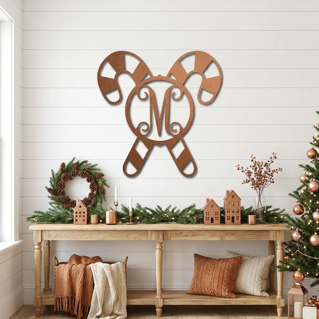 Personalized Candy Cane Monogram Metal Wall Art – Custom Initial Christmas Sign – Holiday Steel Décor (5 Sizes, 5 Colors)