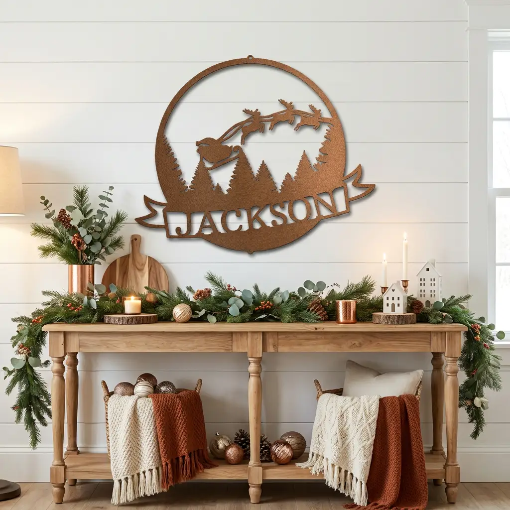 Personalized Santa Sleigh Flying Through Sky Metal Wall Art – Custom Family Name Banner Christmas Sign – Holiday Steel Décor (5 Sizes, 5 Colors)