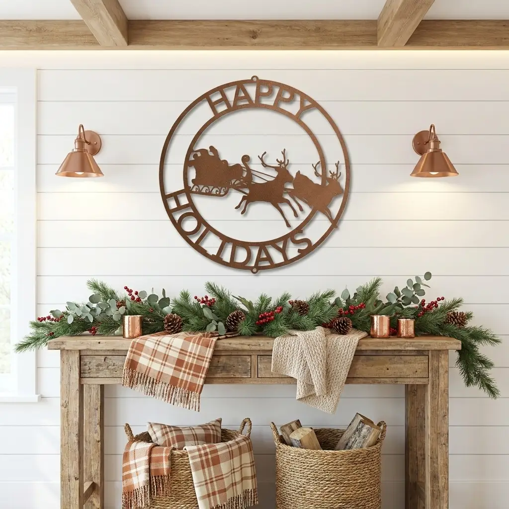 Personalized Santa Sleigh & Reindeer Metal Wall Art – Custom Family Name Christmas Sign – Handmade Steel Décor (5 Sizes, 5 Colors)