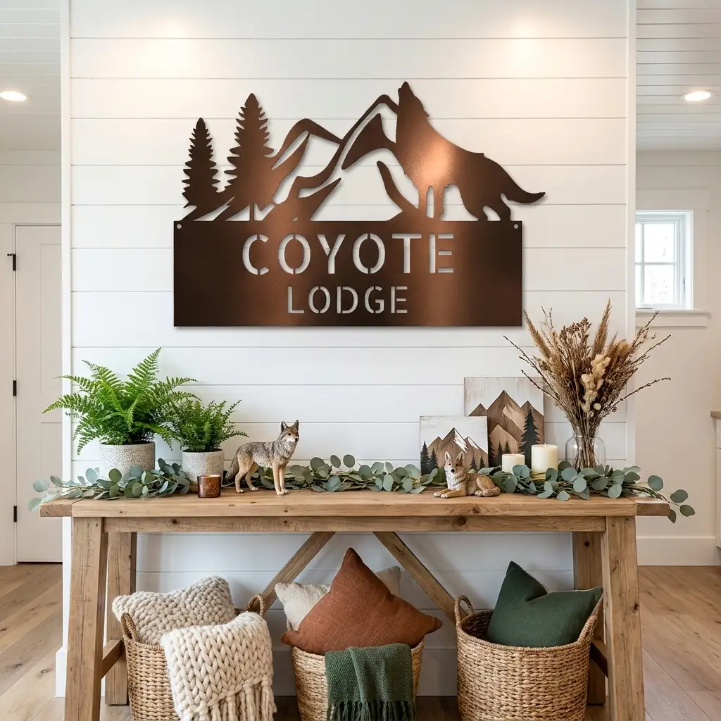 Coyote and Mountains Custom Name Metal Wall Sign