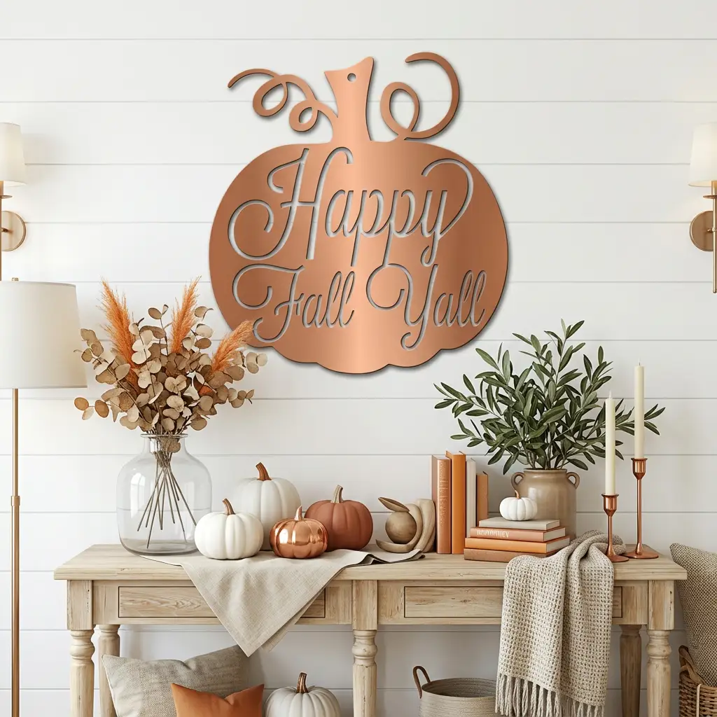 Happy Fall Y'all Pumpkin Metal Wall Art | Autumn Pumpkin Wall Decor | Rustic Farmhouse Fall Sign | Thanksgiving Porch & Entryway Decor | Seasonal Metal Wall Hanging | Made in USA