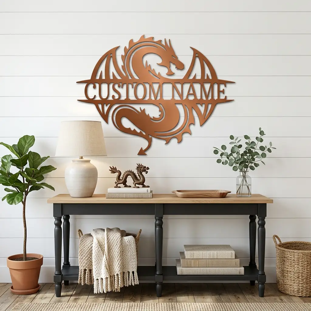 Celtic Dragon Monogram Personalized Name Indoor Outdoor Steel Wall Sign Metal Art