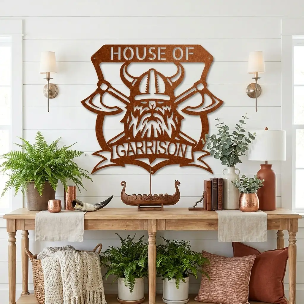 Personalized Viking Metal Wall Art | Custom Viking Family Crest Sign | Norse Warrior Shield Steel Wall Decor | Custom Name Metal Sign | Made in USA