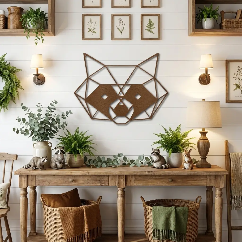 Geometric Raccoon Metal Wall Art – Modern Wildlife Steel Sign, Rustic Cabin Decor, Forest Animal Wall Hanging, Laser Cut Metal Art 12"–36"