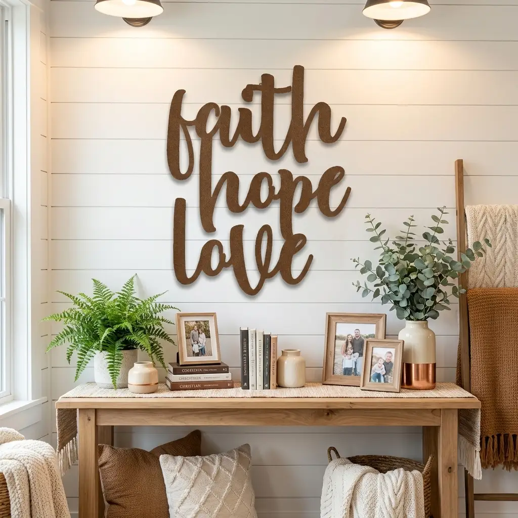 Faith Hope Love Script Indoor Outdoor Steel Wall Sign
