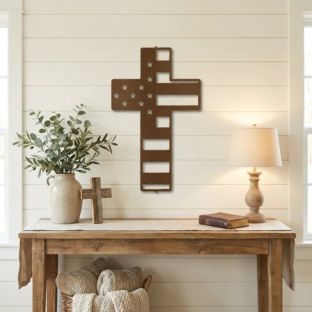 American Flag Cross Metal Wall Art – Patriotic Christian Cross Decor – USA Flag Faith Steel Sign – Veteran Tribute Wall Decor