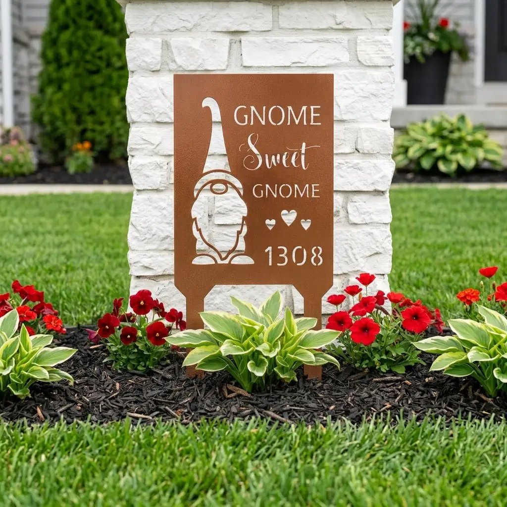 Personalized Gnome Sweet Gnome Address Sign | Custom Metal House Number Sign | Gnome Welcome Wall Decor | Outdoor Address Plaque | Made in USA