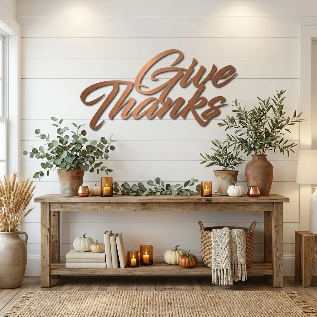 Give Thanks Metal Sign, Farmhouse Wall Decor, Thanksgiving Decor, Script Wall Art, Fall Home Decor, Gratitude Sign