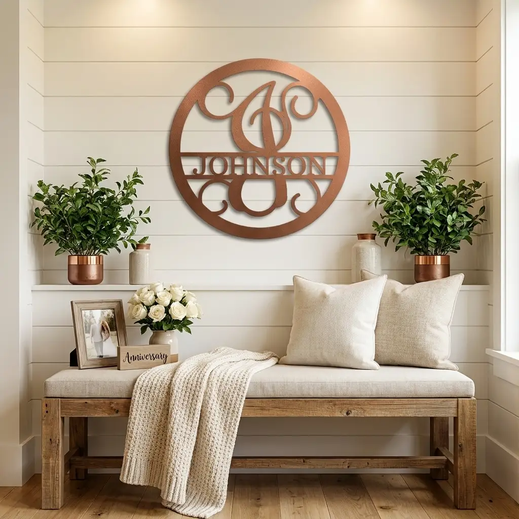 Circle Vine Monogram Personalized Name Indoor Outdoor Steel Wall Sign Metal Art