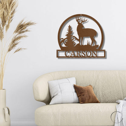 Deer Buck Mountain Scene Custom Name Metal Art Wall Sign - Mallard Moon Gift Shop