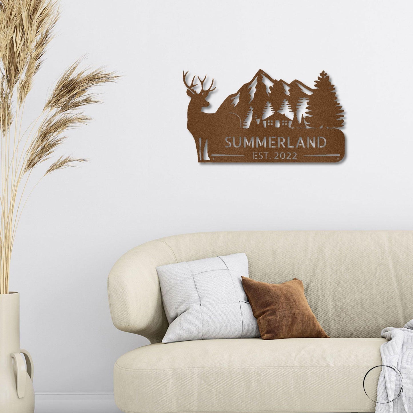 Deer and Cabin in the Woods Custom Name Metal Art Wall Sign - Mallard Moon Gift Shop