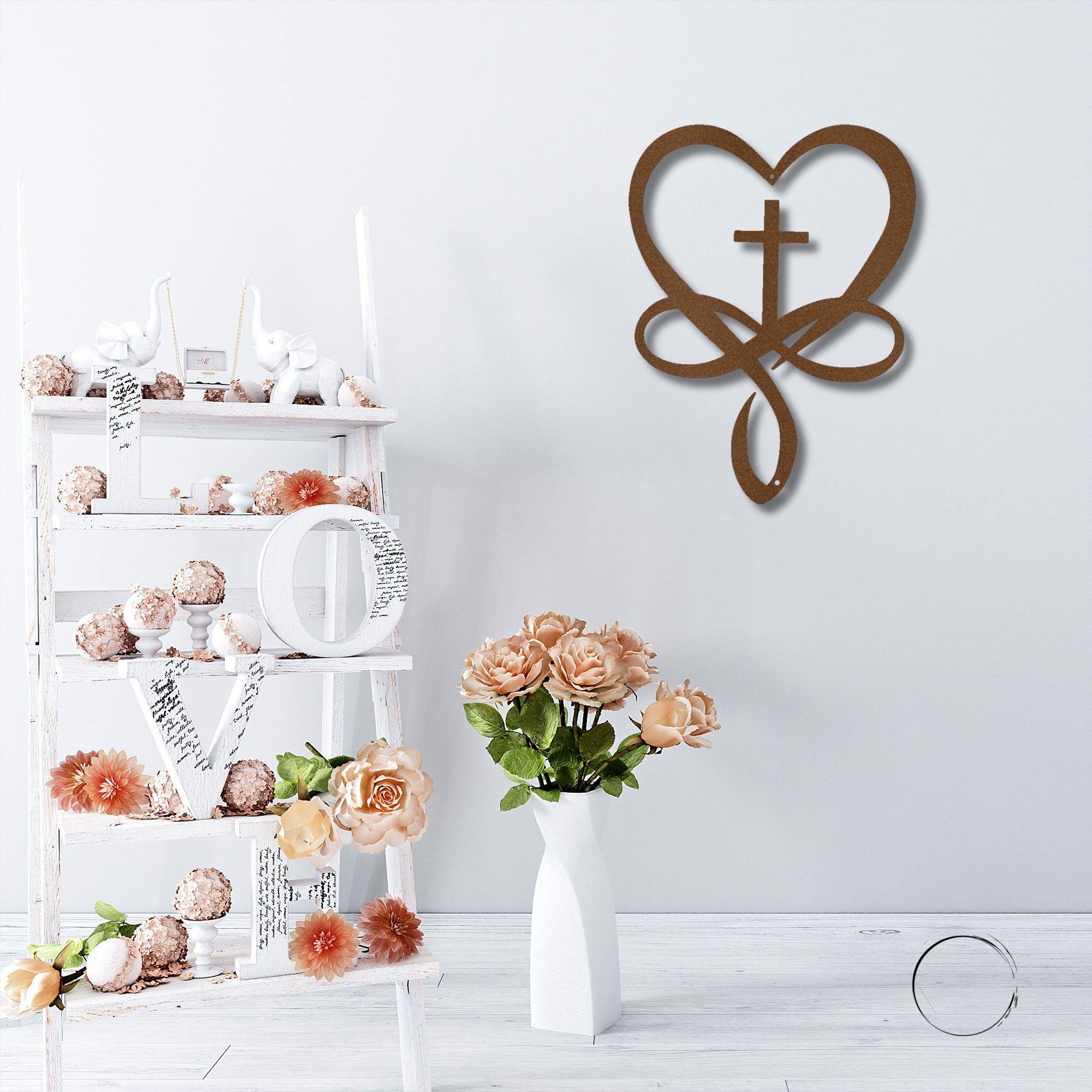 Love Infinity Heart and Cross Metal Art Wall Sign - Mallard Moon Gift Shop