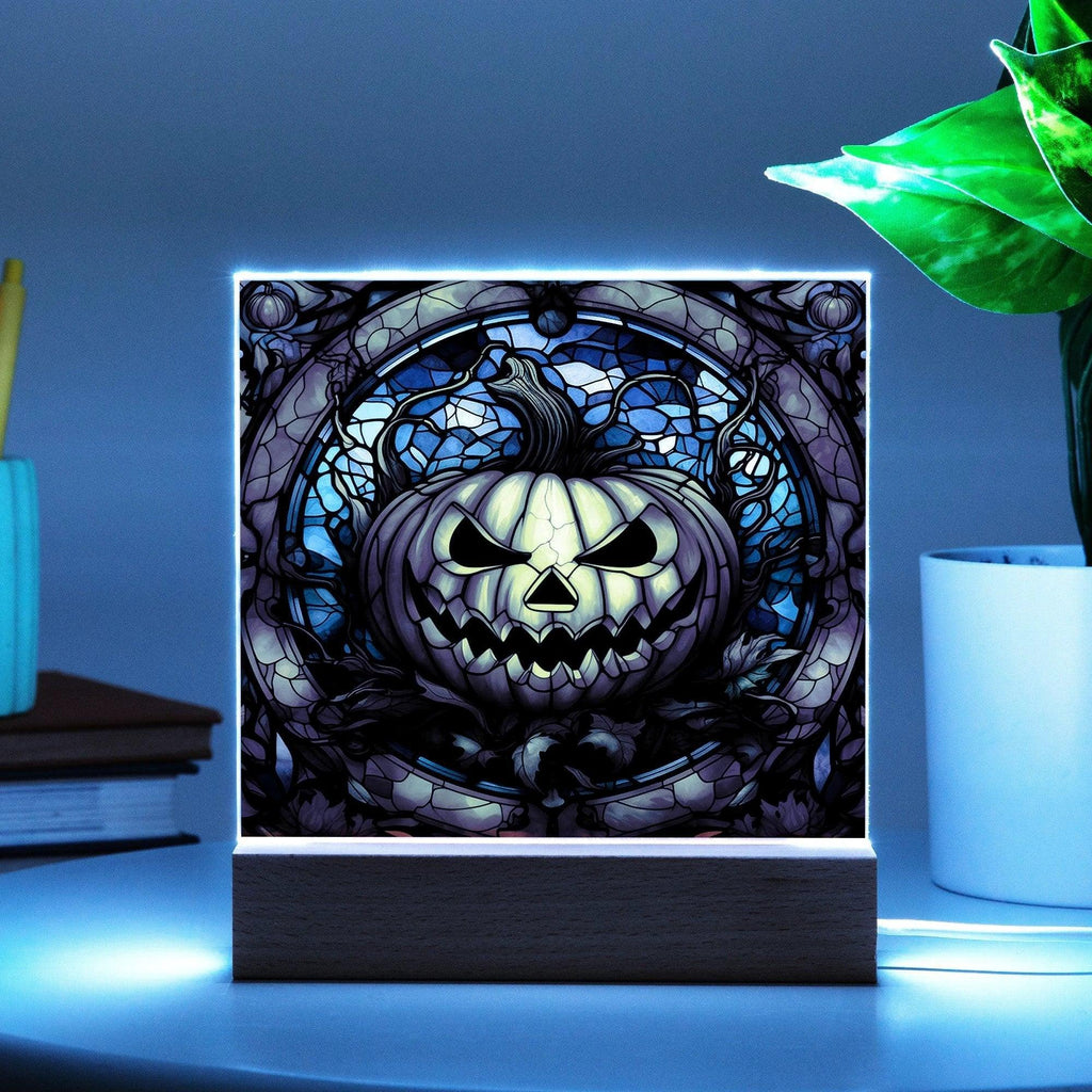 Halloween Pumpkin Stained-Glass Acrylic Square Plaque with LED Wooden Base