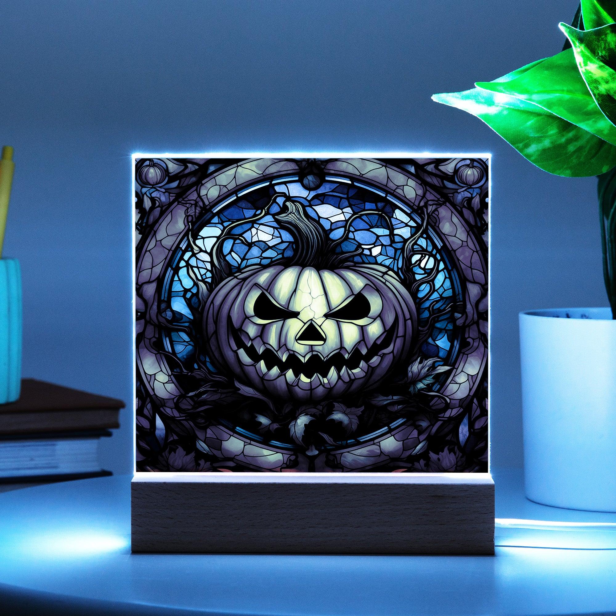 Halloween Pumpkin Stained-Glass Acrylic Square Plaque with LED Wooden Base - Mallard Moon Gift Shop