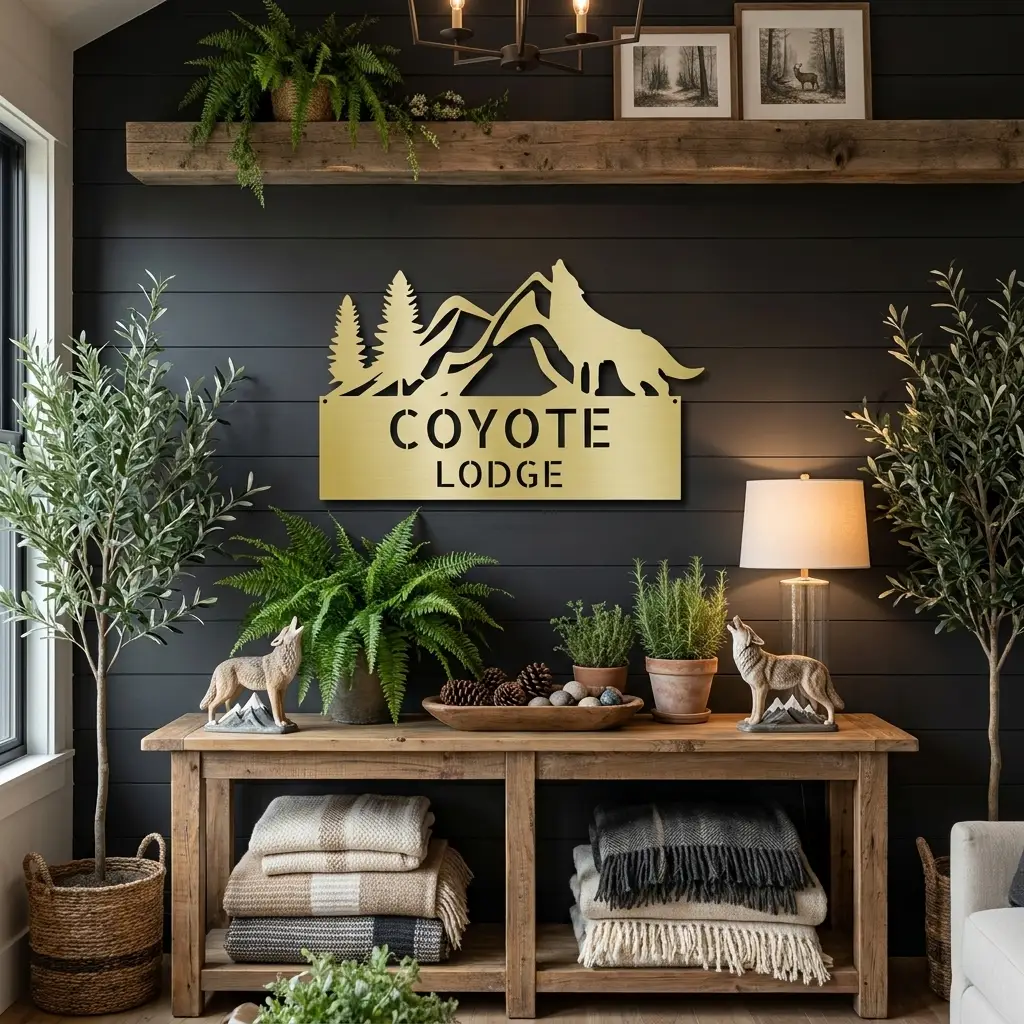 Coyote and Mountains Custom Name Metal Wall Sign