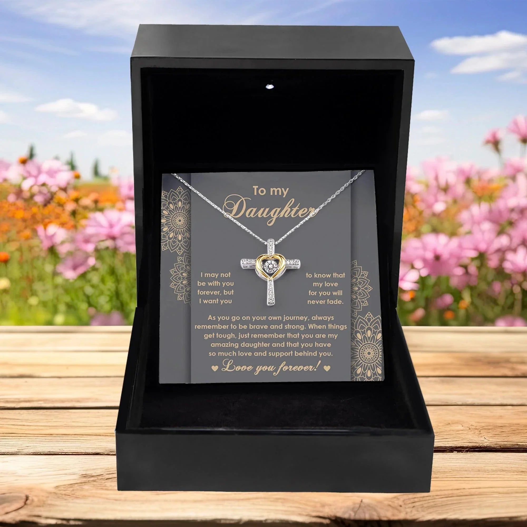 Daughter Gift for Birthday, Christmas, Graduation Inspirational Brave and Strong Cross Pendant Necklace