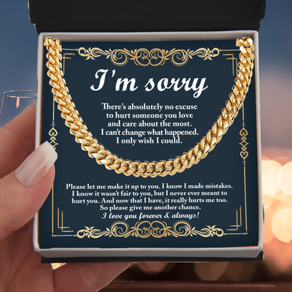 Apology Gift “I’m Sorry” Cuban Link Chain Men’s Necklace with Message Card | Forgiveness Jewelry for Boyfriend or Husband - Mallard Moon