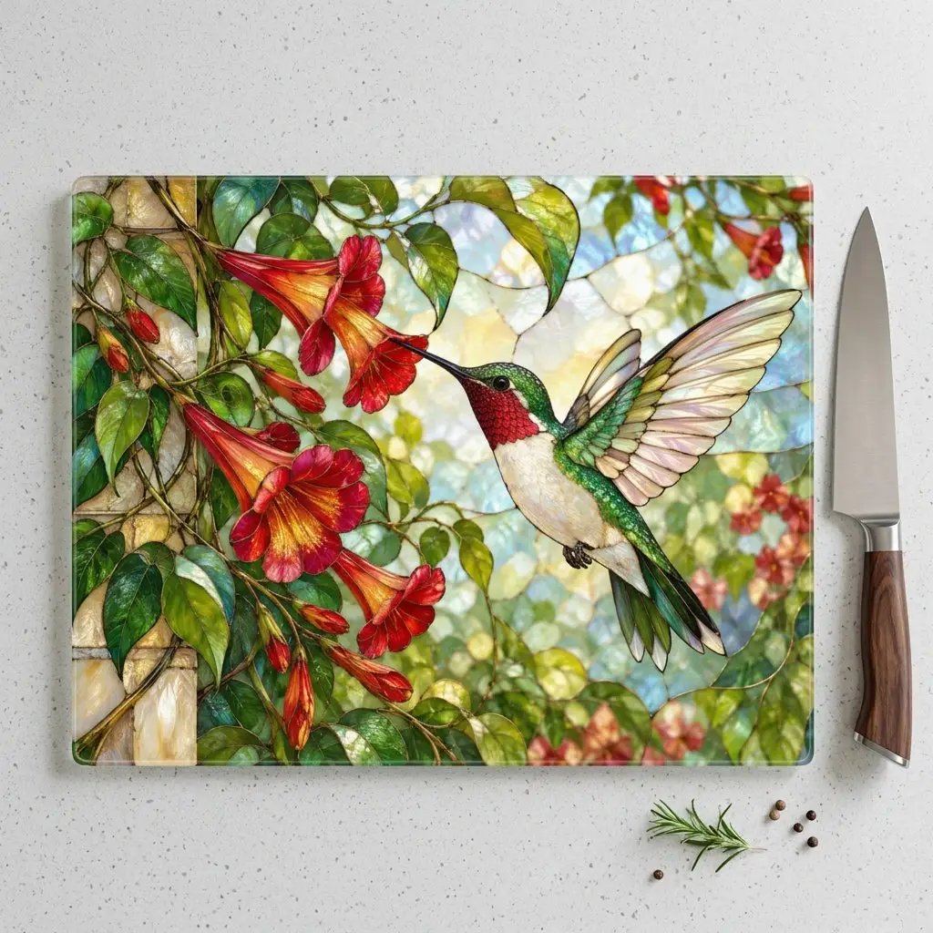 Hummingbird Cutting Board, Stained Glass Hummingbird Decor, Trumpet Vine Kitchen Decor, Bird Lover Gift, Garden Lover Gift