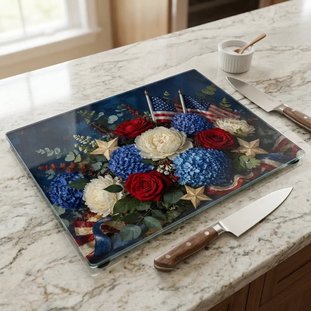 Patriotic Floral Cutting Board, American Flag Glass Cutting Board, Red White Blue Kitchen Decor, Americana Gift, 4th of July Decor