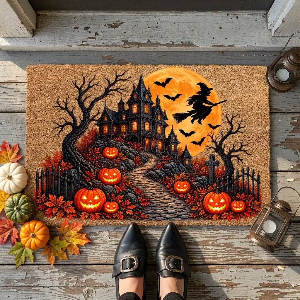 Haunted House Doormat, Halloween Witch Welcome Mat, Spooky Mansion Coir Doormat, Jack O Lantern Door Mat, Gothic Halloween Porch Decor