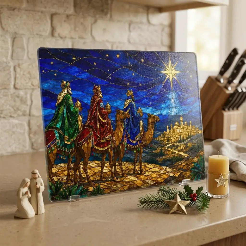 Three Wise Men Glass Cutting Board, Christian Christmas Gift, Magi Star of Bethlehem Decor, Religious Christmas, Stained Glass Art