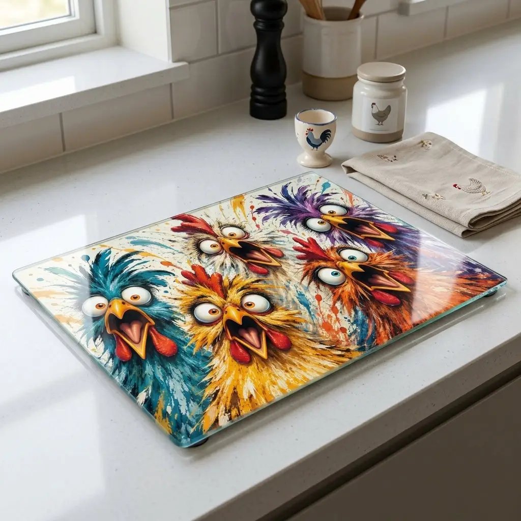 Screaming Chicken Flock Cutting Board, Funny Chicken Kitchen Decor, Colorful Hen Lover Gift, Farmhouse Chicken Gift