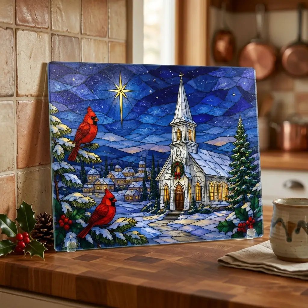 Christmas Church Glass Cutting Board, Cardinal Stained Glass Decor, Christian Christmas Kitchen Gift, Religious Holiday Decor