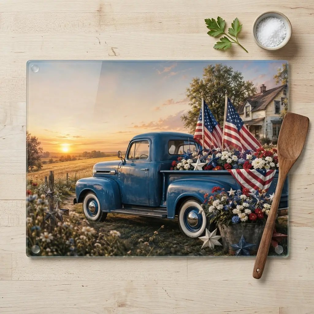 Vintage Blue Truck Patriotic Glass Cutting Board, Americana Kitchen Decor, Fourth of July Cutting Board, Farmhouse USA Decor