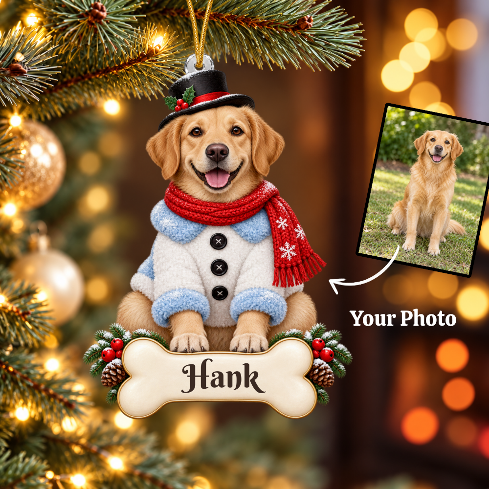Custom Dog Christmas Ornament from Photo, Personalized Pet Snowman Acrylic Ornament, Dog Portrait Gift, Custom Name Cutout Keepsake