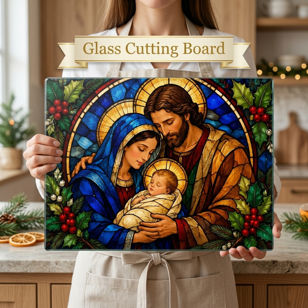 Holy Family Glass Cutting Board, Christian Christmas Gift, Nativity Kitchen Decor, Mary Joseph Baby Jesus, Religious Christmas Decor