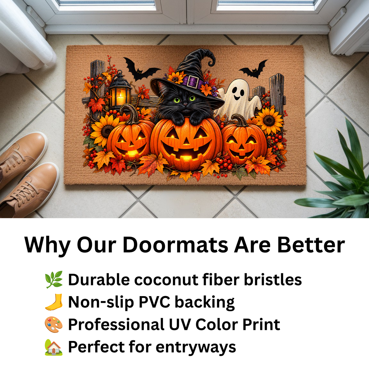 Halloween Cat Doormat, Black Cat Pumpkin Coir Mat, Cute Ghost Welcome Mat, Witch Cat Fall Porch Decor, Spooky Halloween Door Mat