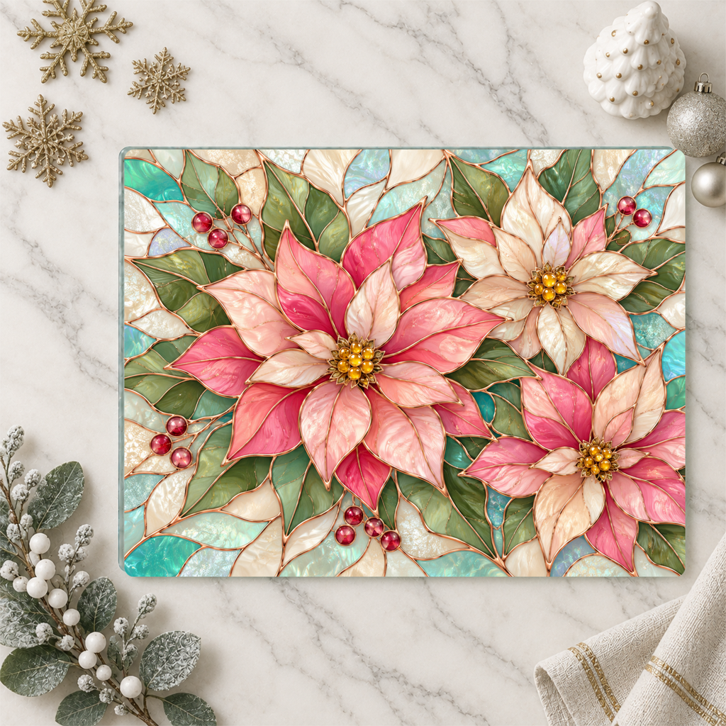 Pink Poinsettia Glass Cutting Board, Christmas Floral Kitchen Decor, Tempered Chopping Board, Holiday Hostess Gift, Serving Board for Home