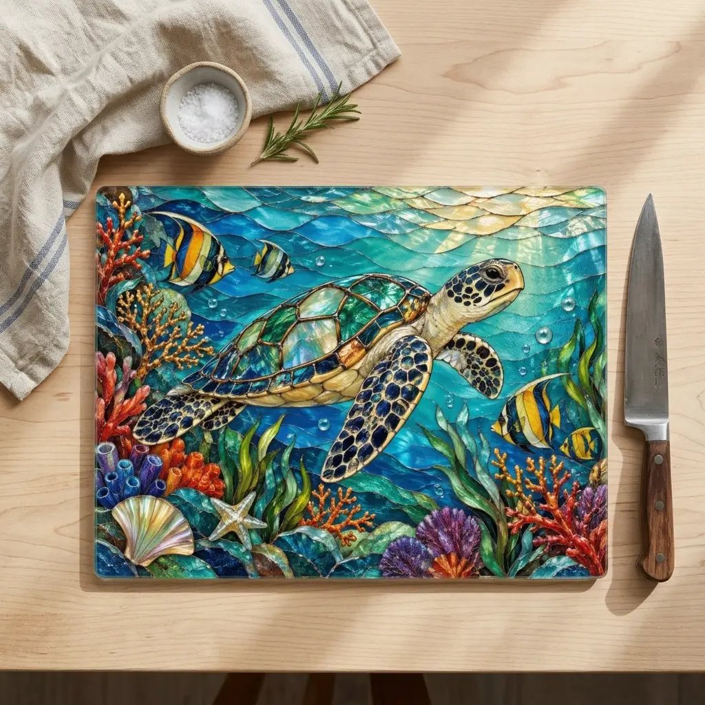 Sea Turtle Reef Glass Cutting Board, Ocean Kitchen Decor, Underwater Coral Sea Life Chopping Board, Coastal Housewarming Gift Idea