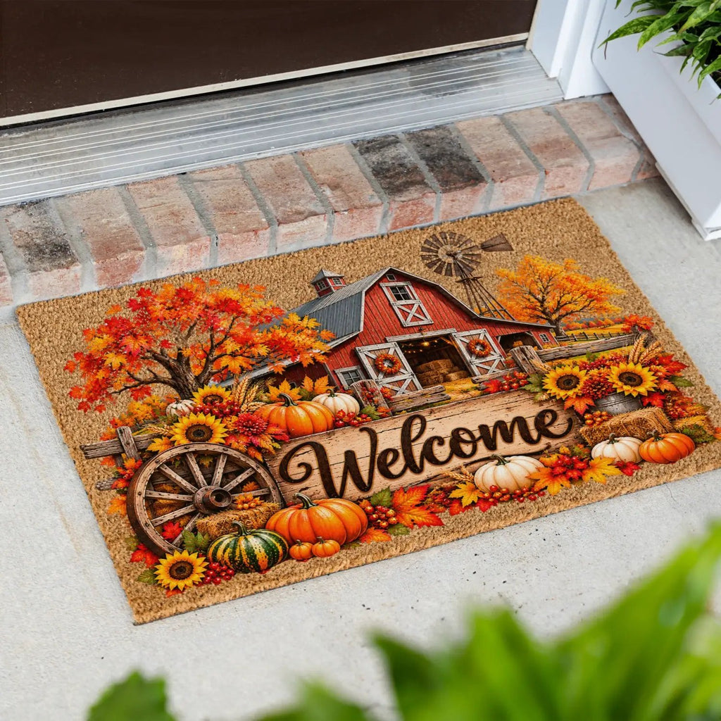 Fall Barn Welcome Doormat, Country Farmhouse Coir Mat, Autumn Pumpkin Door Mat, Harvest Porch Decor, Rustic Thanksgiving Welcome Mat
