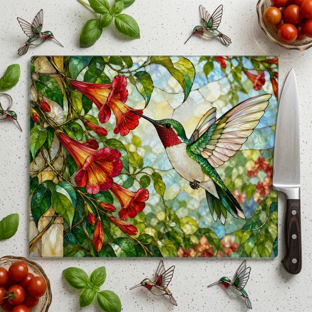 Hummingbird Cutting Board, Stained Glass Bird Kitchen Decor, Colorful Floral Glass Chopping Board, Nature Lover Gift, Hummingbird Gift