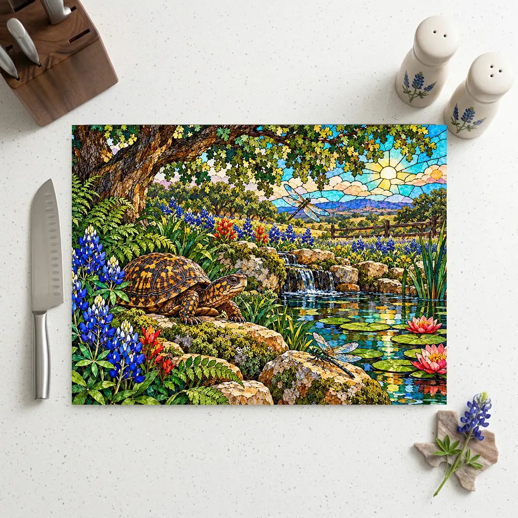 Box Turtle Glass Cutting Board, Texas Bluebonnet Kitchen Decor, Turtle and Dragonfly Gift, Wildlife Garden Cutting Board, Nature Decor