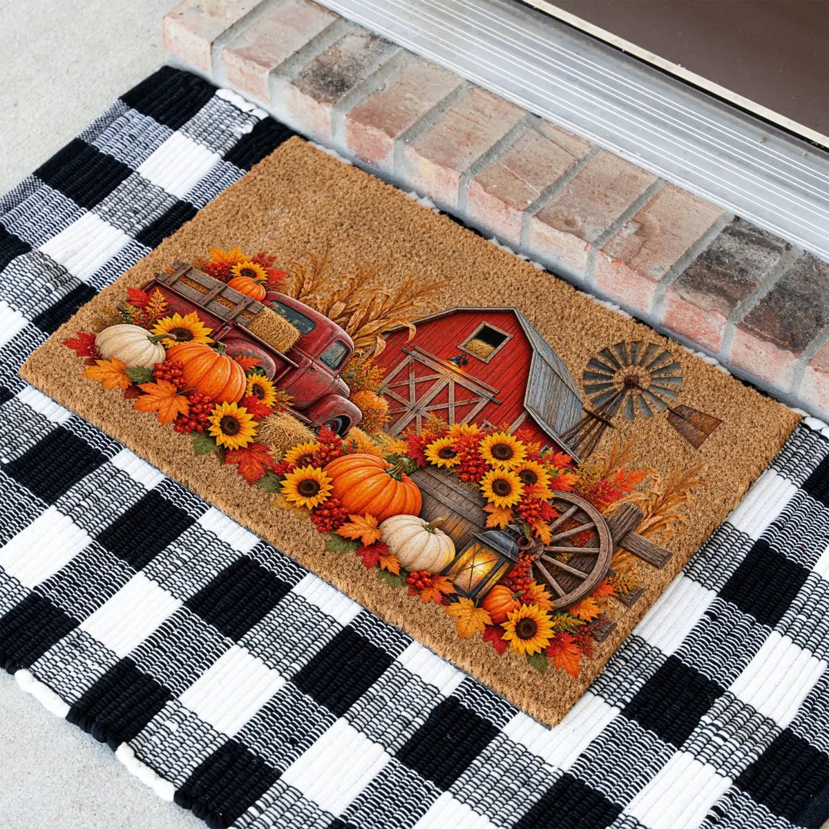Fall Farmhouse Doormat, Country Barn Coir Mat, Pumpkin Harvest Welcome Mat, Rustic Autumn Porch Decor, Farmhouse Fall Door Mat