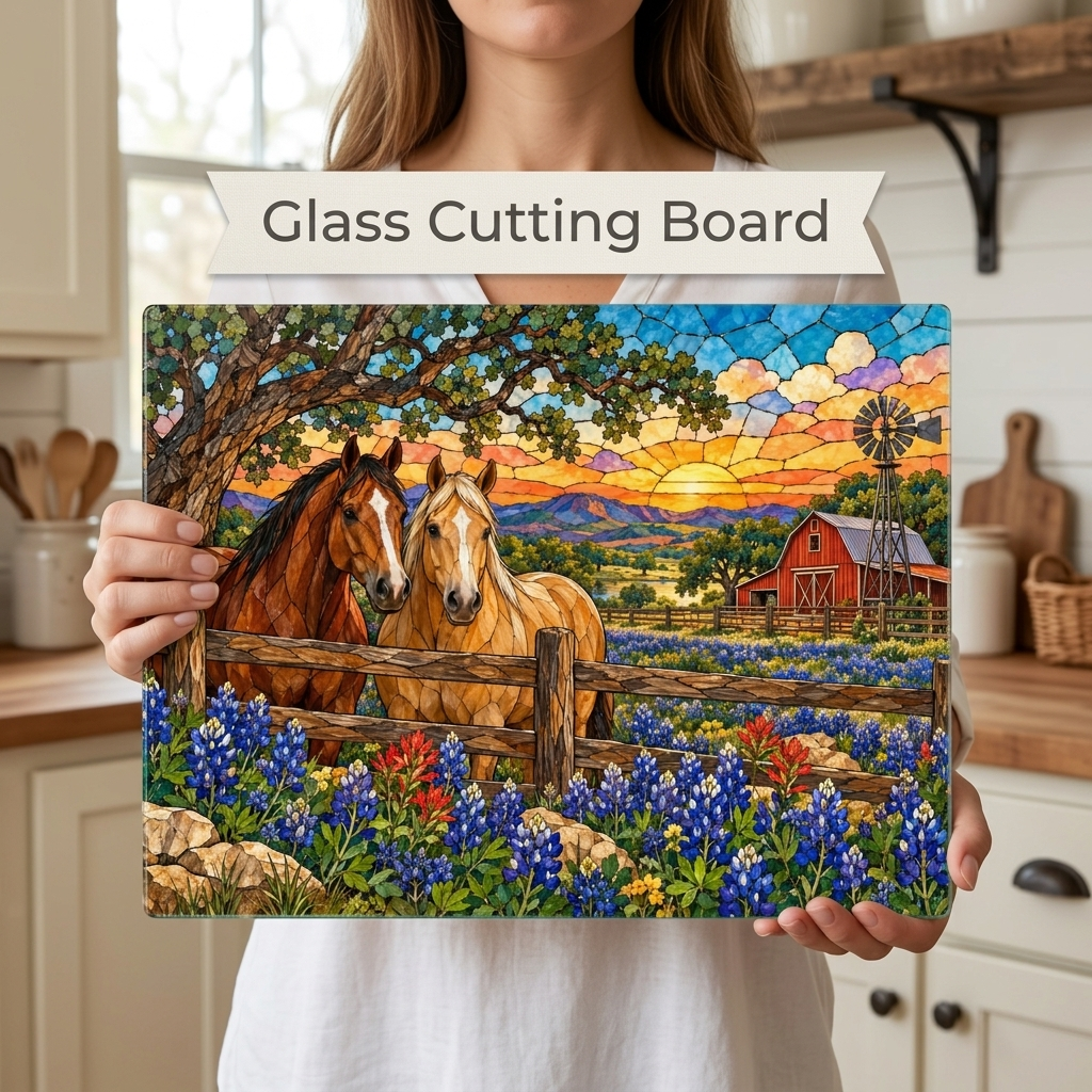 Bluebonnet Ranch Glass Cutting Board, Texas Horse Kitchen Decor, Bluebonnet Gift, Western Ranch Decor, Stained Glass Style Cutting Board