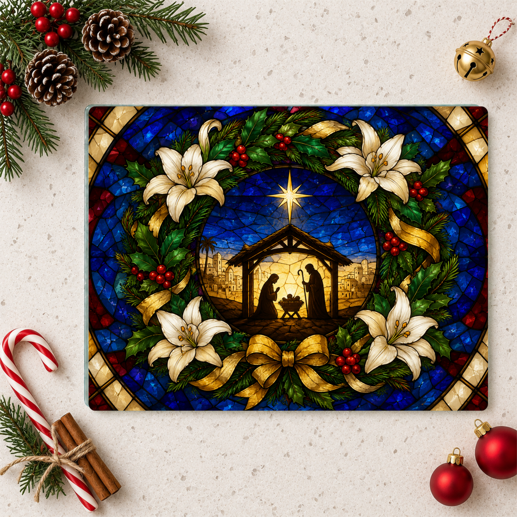 Nativity Glass Cutting Board, Stained Glass Christmas Decor, Holy Family Christian Kitchen Gift, Religious Christmas Cutting Board