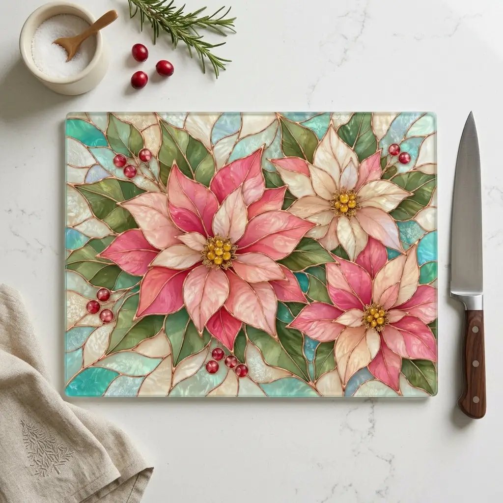 Pink Poinsettia Glass Cutting Board, Christmas Floral Kitchen Decor, Tempered Chopping Board, Holiday Hostess Gift, Serving Board for Home