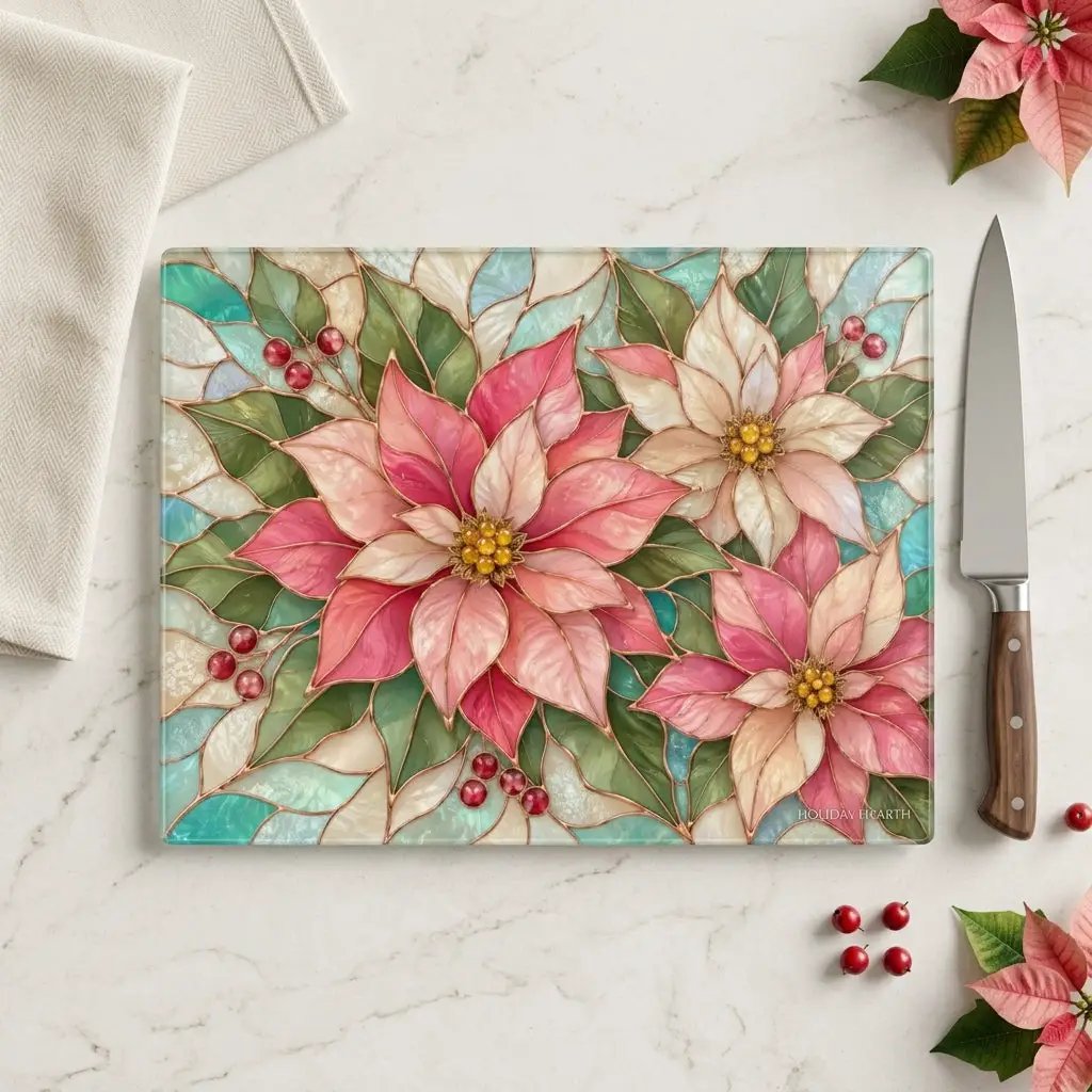 Pink Poinsettia Glass Cutting Board, Christmas Floral Kitchen Decor, Tempered Chopping Board, Holiday Hostess Gift, Serving Board for Home