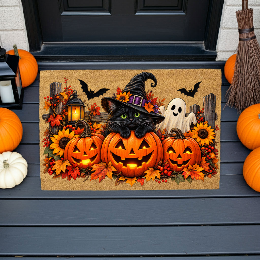 Halloween Cat Doormat, Black Cat Pumpkin Coir Mat, Cute Ghost Welcome Mat, Witch Cat Fall Porch Decor, Spooky Halloween Door Mat