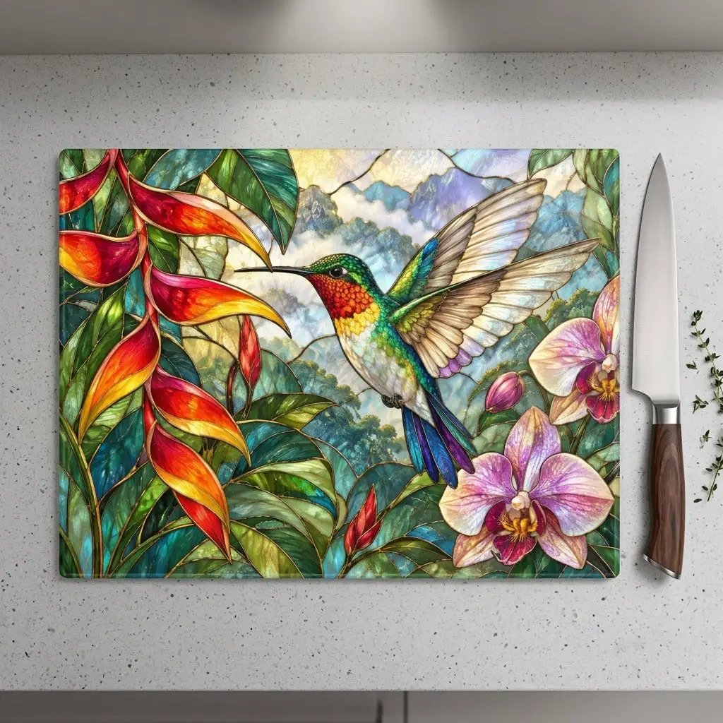 Hummingbird Cutting Board, Stained Glass Bird Decor, Tropical Orchid Kitchen Decor, Floral Hummingbird Gift, Nature Lover Gift