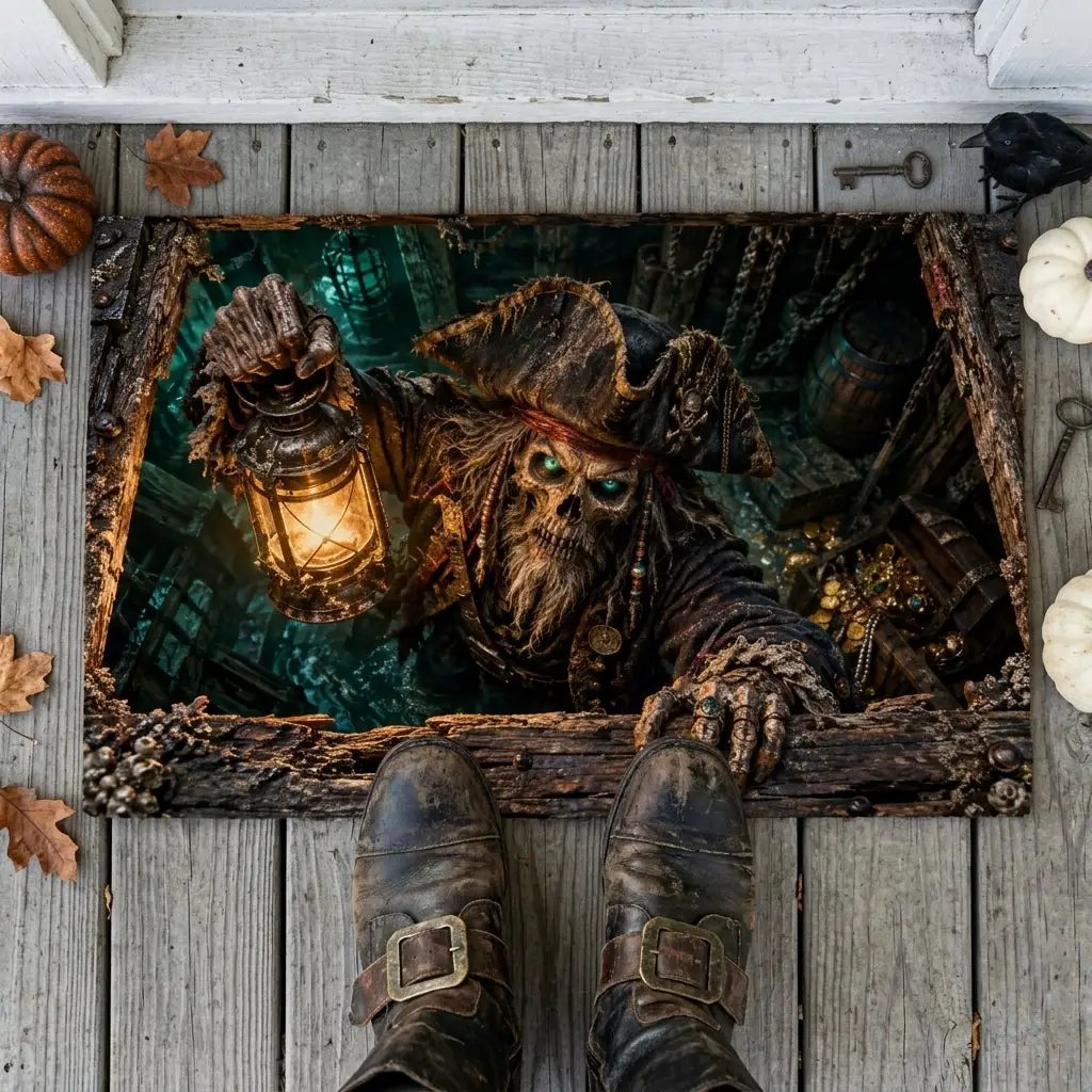 Pirate Doormat, Ghost Ship 3D Optical Illusion Door Mat, Haunted Pirate Halloween Mat, Skeleton Pirate Porch Decor, Spooky Welcome Mat