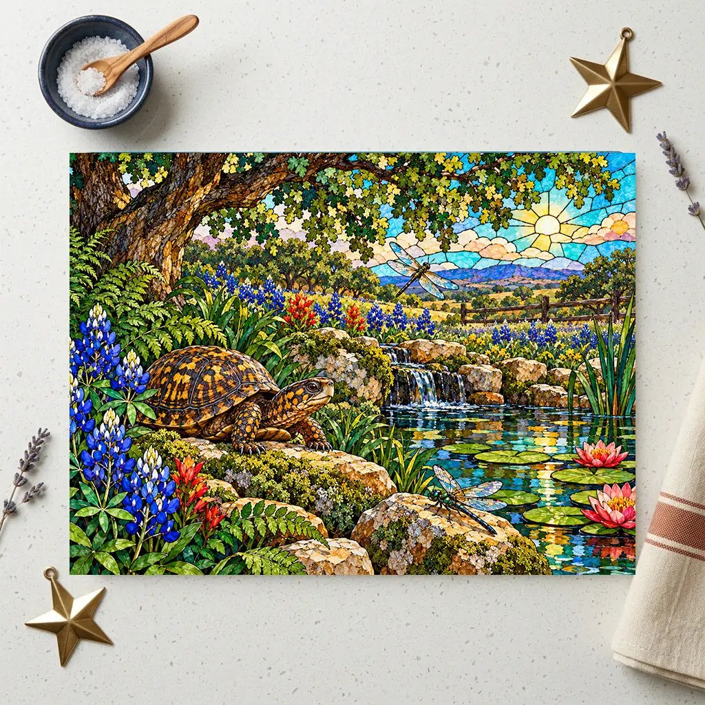 Box Turtle Glass Cutting Board, Texas Bluebonnet Kitchen Decor, Turtle and Dragonfly Gift, Wildlife Garden Cutting Board, Nature Decor