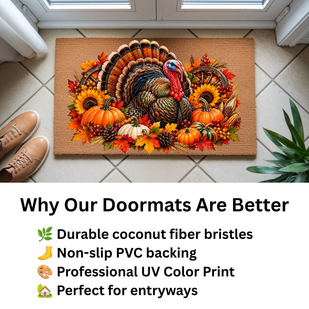 Thanksgiving Turkey Doormat, Fall Turkey Welcome Mat, Harvest Pumpkin Coir Doormat, Farmhouse Autumn Porch Decor, Thanksgiving Door Mat
