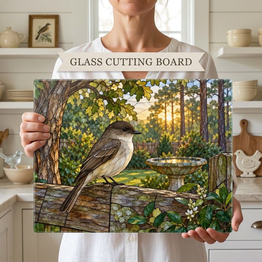 Eastern Phoebe Glass Cutting Board, Backyard Bird Kitchen Decor, Birdwatcher Gift, Bird Lover Gift, Nature Inspired Serving Board