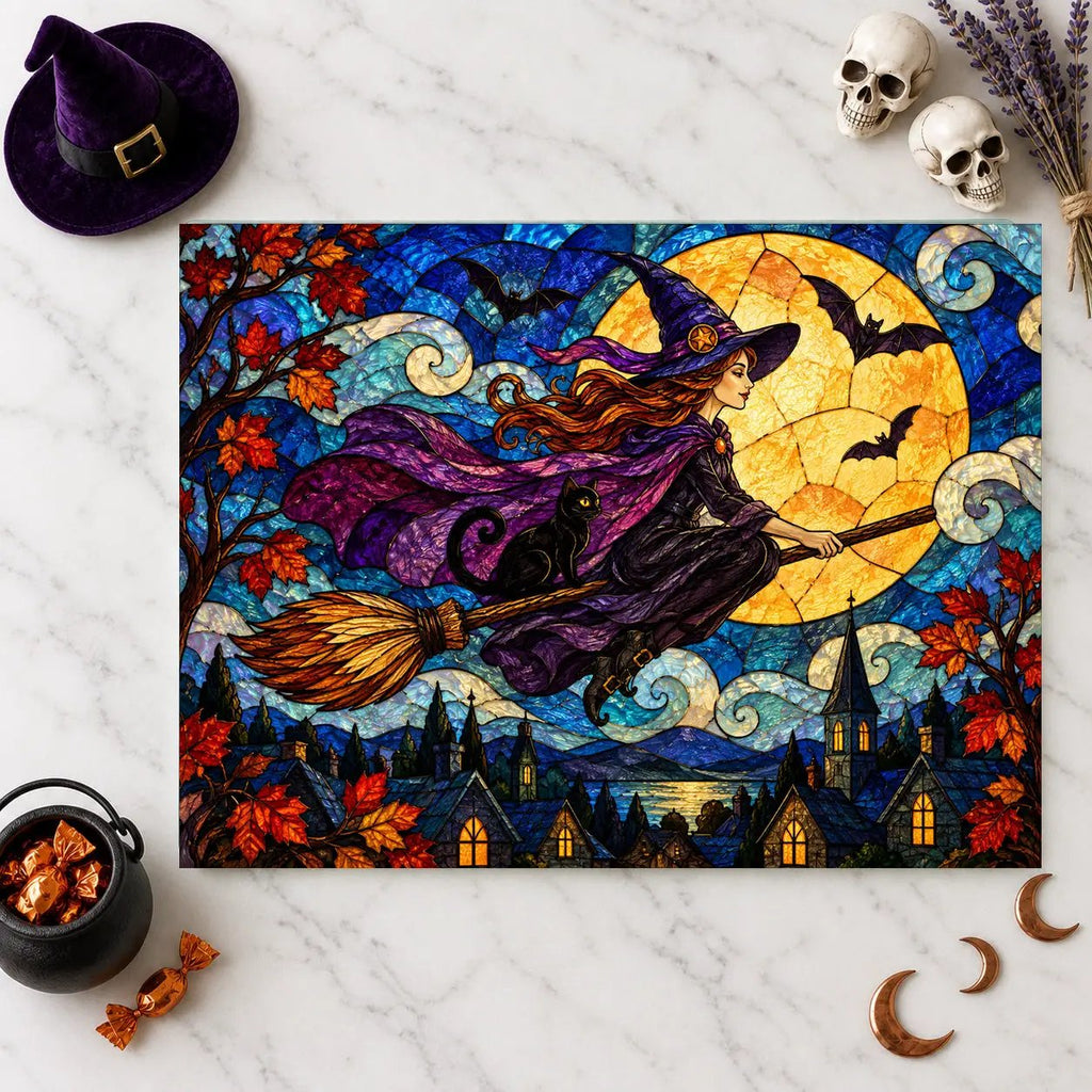 Halloween Flying Witch Personalized Glass Cutting Board, Spooky Pumpkin Kitchen Decor