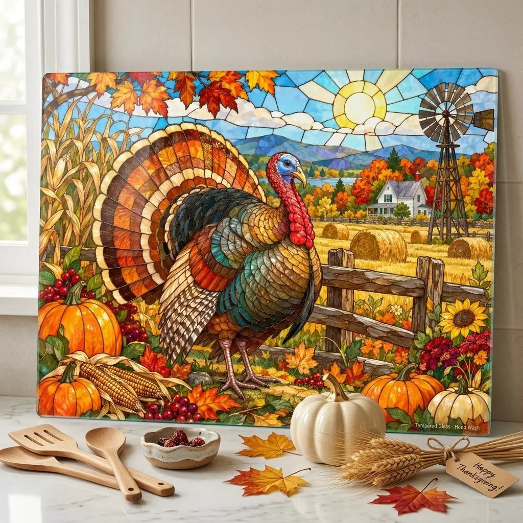 Thanksgiving Turkey Glass Cutting Board, Farmhouse Fall Kitchen Decor, Country Harvest Turkey Cutting Board, Autumn Kitchen Gift