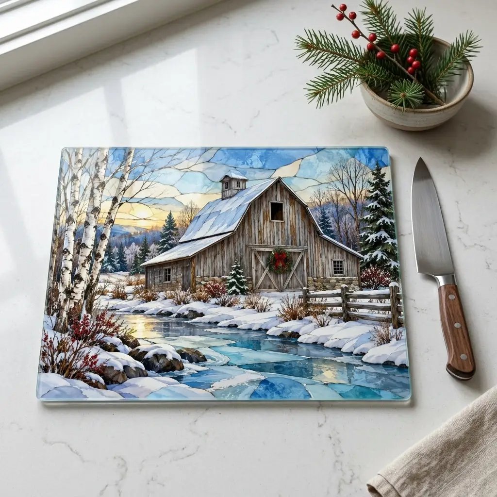 Country Winter Barn Glass Cutting Board, Snowy Farmhouse Kitchen Decor, Rustic Christmas Gift, Winter Barn Kitchen Board